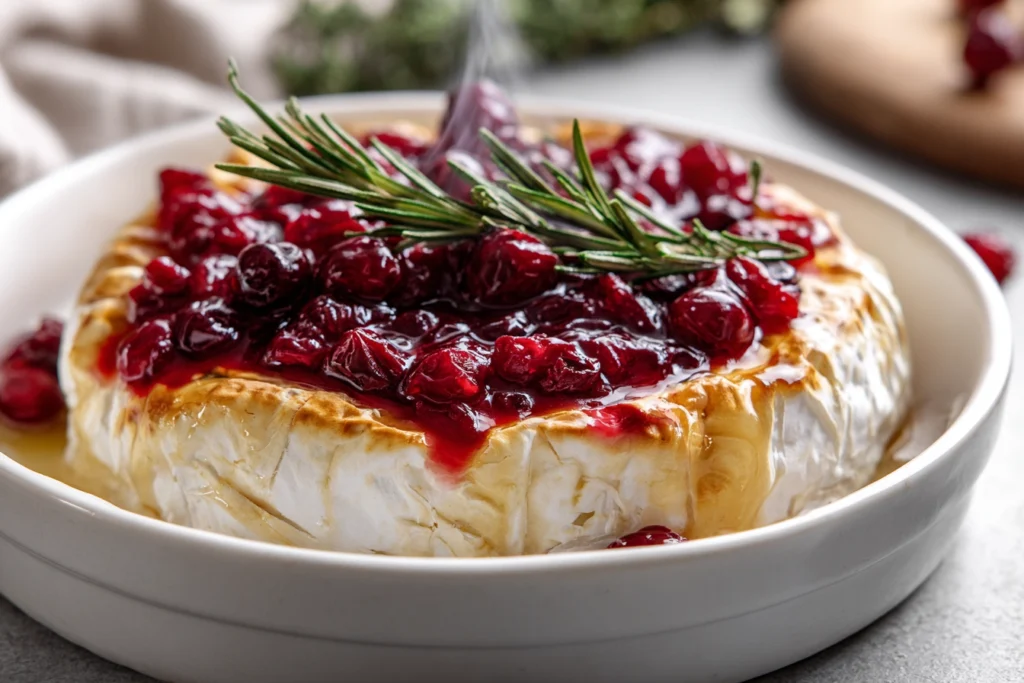 Baked Brie with Cranberry Sauce – The Holiday Appetizer Everyone Falls For 10 baked brie cranberry fresh from oven with melted cheese and steaming cranberry topping