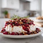 Baked Brie with Cranberry Sauce – The Holiday Appetizer Everyone Falls For 7 close-up of baked brie cranberry appetizer on white plate with nuts and rosemary
