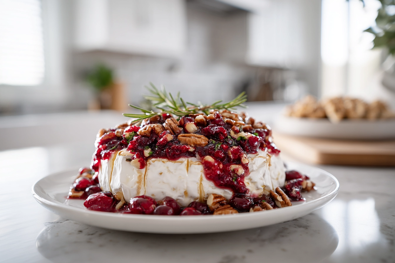 close-up of baked brie cranberry appetizer on white plate with nuts and rosemary