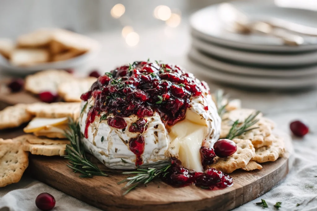 Baked Brie with Cranberry Sauce – The Holiday Appetizer Everyone Falls For 11 baked brie cranberry served with crackers and apples on wooden board in modern kitchen