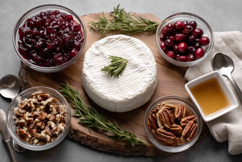 Baked Brie with Cranberry Sauce – The Holiday Appetizer Everyone Falls For 8 overhead view of ingredients for baked brie cranberry including brie cheese, cranberry sauce, nuts, and rosemary