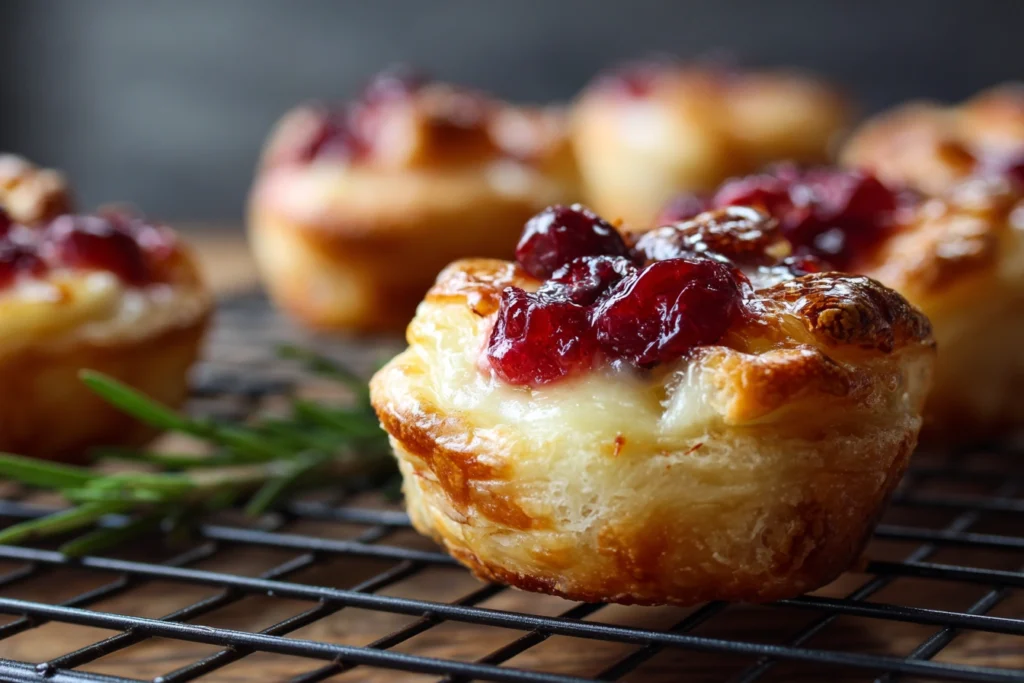 Irresistible Cranberry Brie Bites – The Perfect Holiday Appetizer 10 freshly baked cranberry brie bites cooling on wire rack in modern kitchen