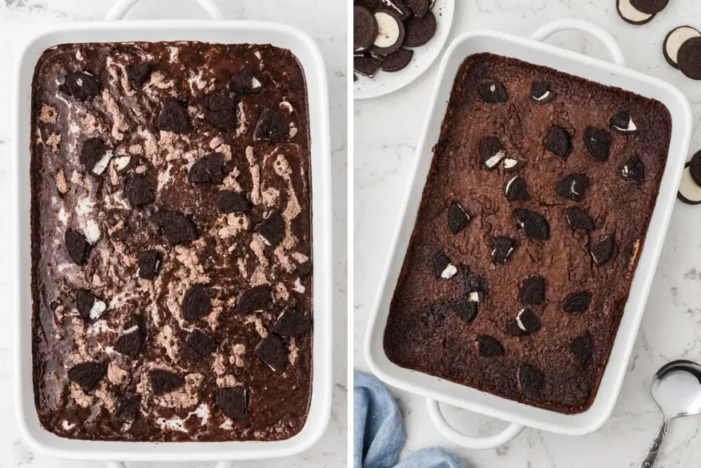 Oreo Dump Cake for an Easy Cookies-and-Cream Dessert 6 Baked Oreo Dump Cake with a crisp chocolate top and Oreo cookie pieces