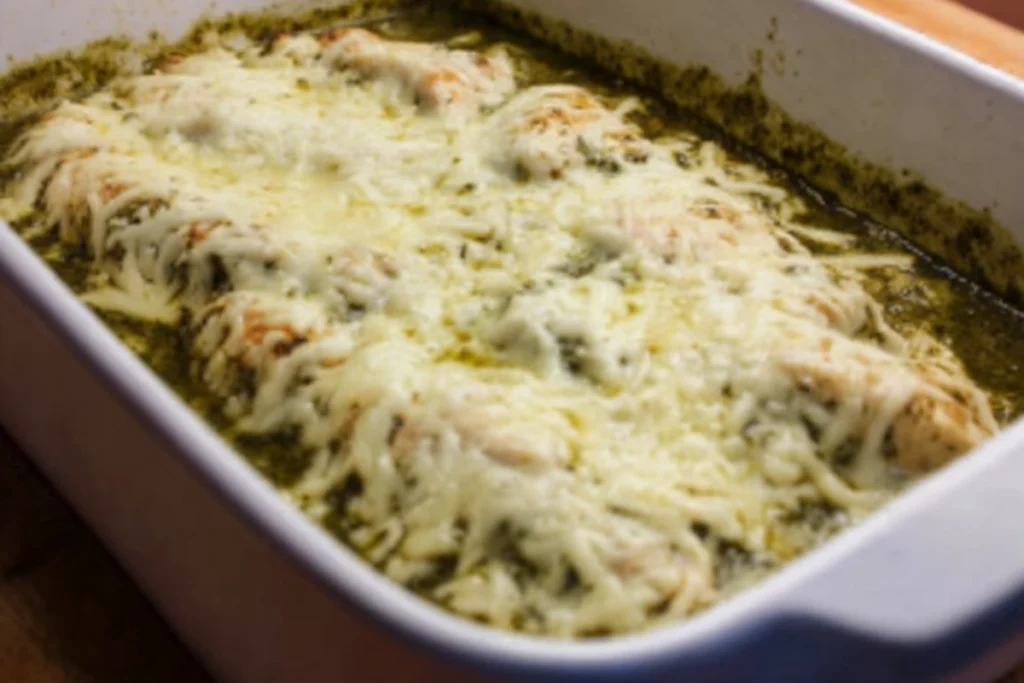 mozzarella added to baked pesto chicken before final baking