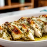 baked pesto chicken served warm on a modern ceramic plate