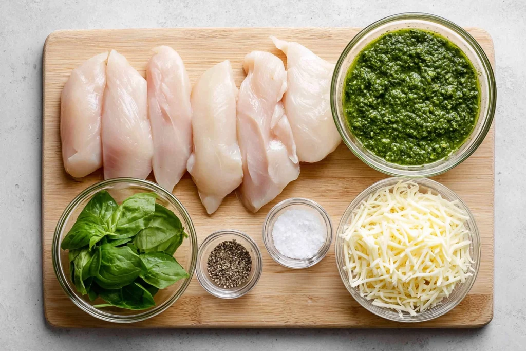 ingredients for baked pesto chicken arranged on a kitchen counter