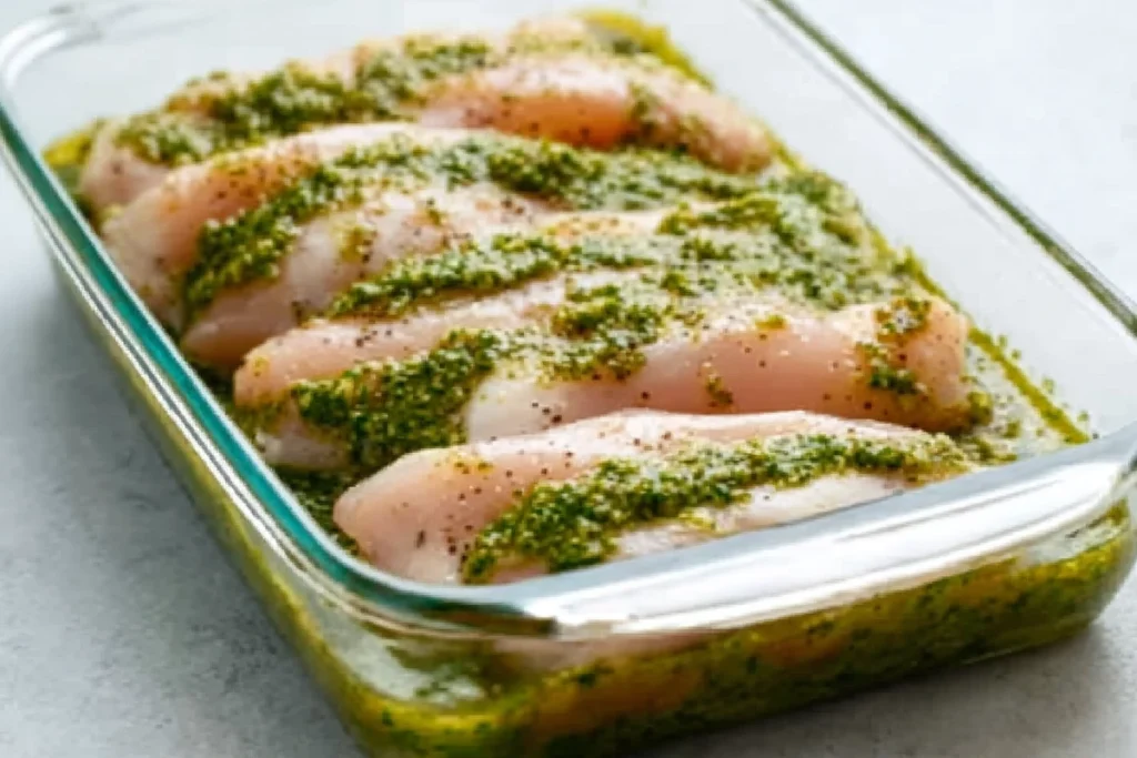 pesto spread in baking dish for baked pesto chicken