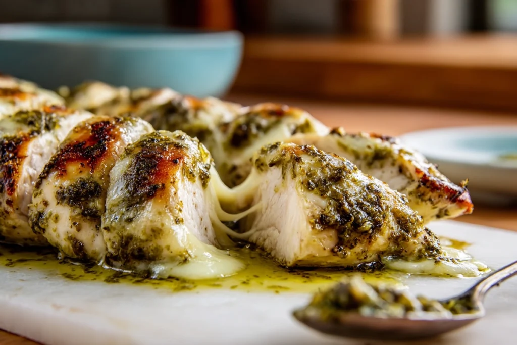 baked pesto chicken served hot and ready to eat
