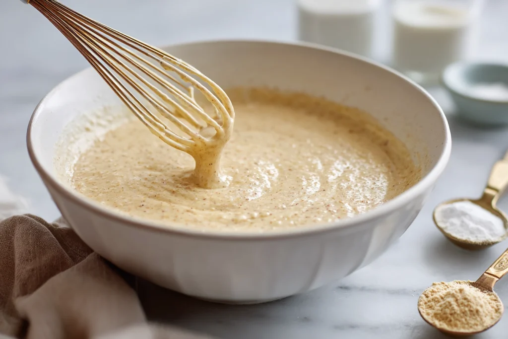 Baked Protein Pancake Bowls: The Easy High-Protein Breakfast You’ll Actually Crave 8 creamy pancake batter for baked protein pancake bowls being mixed in white bowl