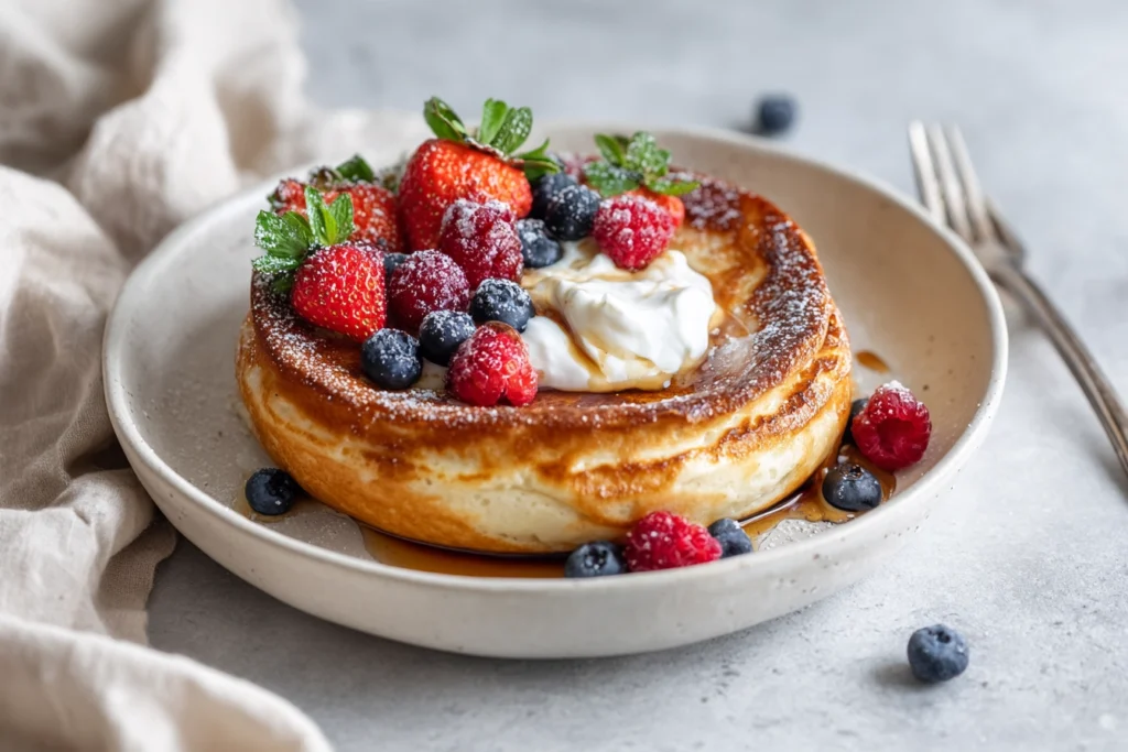 Baked Protein Pancake Bowls: The Easy High-Protein Breakfast You’ll Actually Crave 10 baked protein pancake bowl served with yogurt, syrup, and berries on marble counter