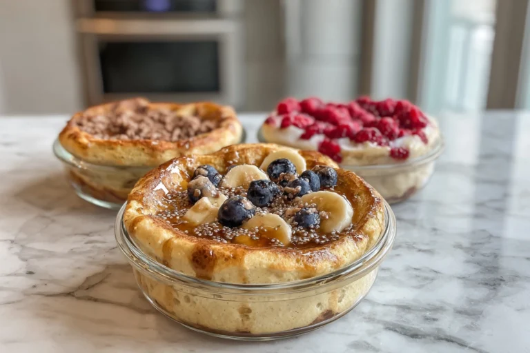 baked protein pancake bowl topped with fruit and maple syrup in bright modern kitchen