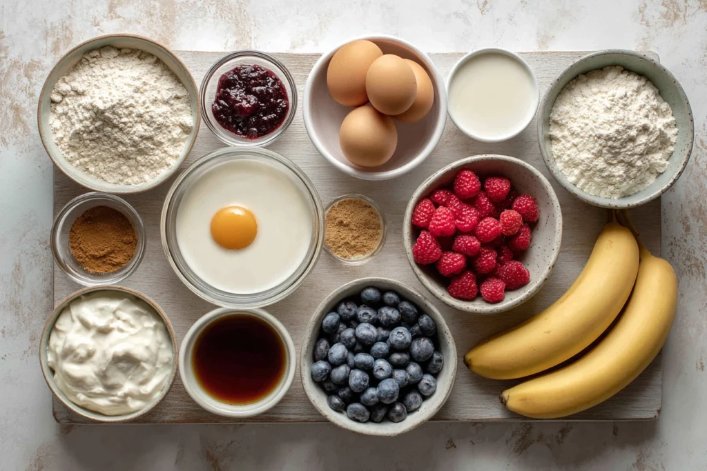 Baked Protein Pancake Bowls: The Easy High-Protein Breakfast You’ll Actually Crave 7 overhead view of baked protein pancake bowl ingredients on wooden board and marble counter
