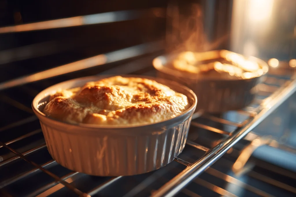 Baked Protein Pancake Bowls: The Easy High-Protein Breakfast You’ll Actually Crave 9 ramekins of baked protein pancake bowl batter rising in oven under natural light
