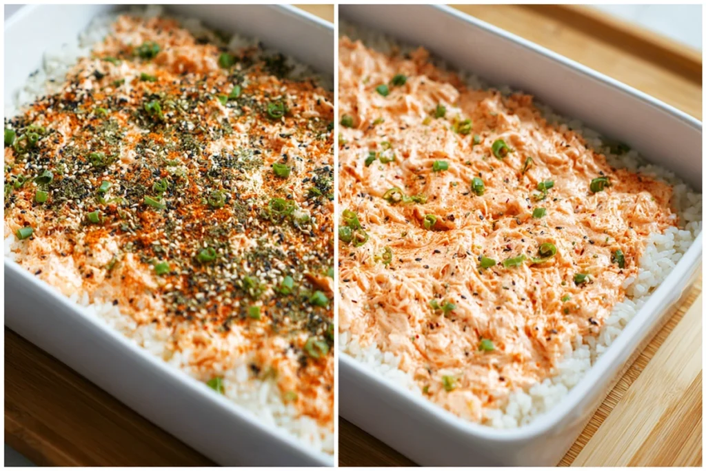Layered rice and creamy salmon mixture being assembled for baked salmon sushi