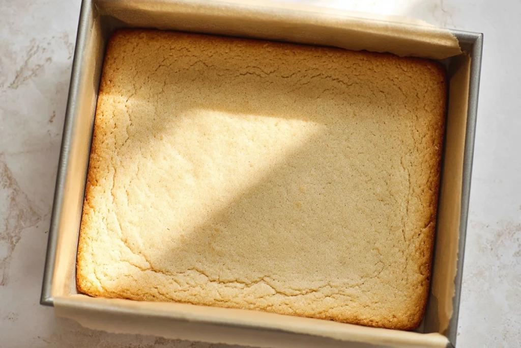 Freshly baked Sugar Cookie Bars cooling in a parchment-lined pan