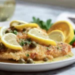 Barefoot Contessa Chicken Piccata plated with lemon-caper sauce and parsley garnish in modern kitchen