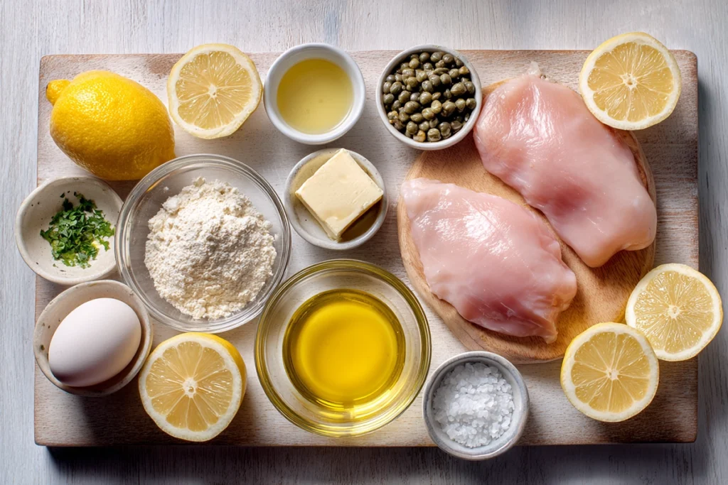 Overhead photo of Barefoot Contessa Chicken Piccata ingredients arranged neatly in bowls on wooden board