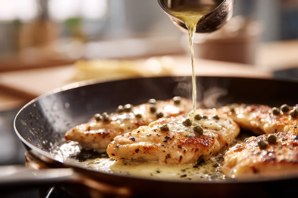 Chicken cutlets for Barefoot Contessa Chicken Piccata searing in stainless steel skillet with butter and olive oil