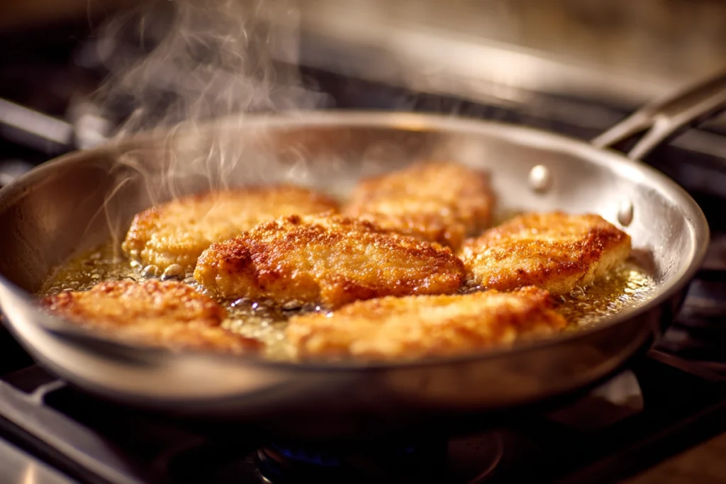 Lemon-butter-caper sauce being poured over Barefoot Contessa Chicken Piccata in skillet