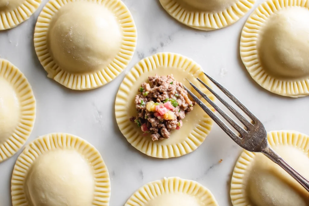 Beef Cheese Empanadas – A Comforting, Melty Handheld Classic 9 Overhead shot of empanada dough filled with beef and cheese before baking