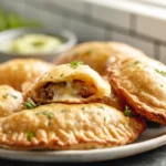 Beef Cheese Empanadas – A Comforting, Melty Handheld Classic 11 Golden beef cheese empanadas on a plate with melted cheese filling in a modern kitchen