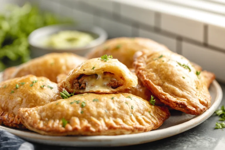 Golden beef cheese empanadas on a plate with melted cheese filling in a modern kitchen