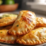 Freshly baked beef cheese empanadas on a modern ceramic plate