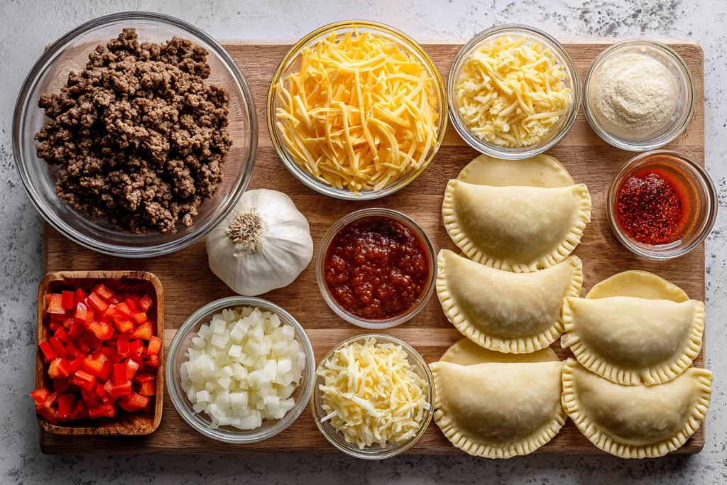 Beef Cheese Empanadas – A Comforting, Melty Handheld Classic 7 Flatlay of ingredients for beef cheese empanadas including ground beef, cheese, and spices