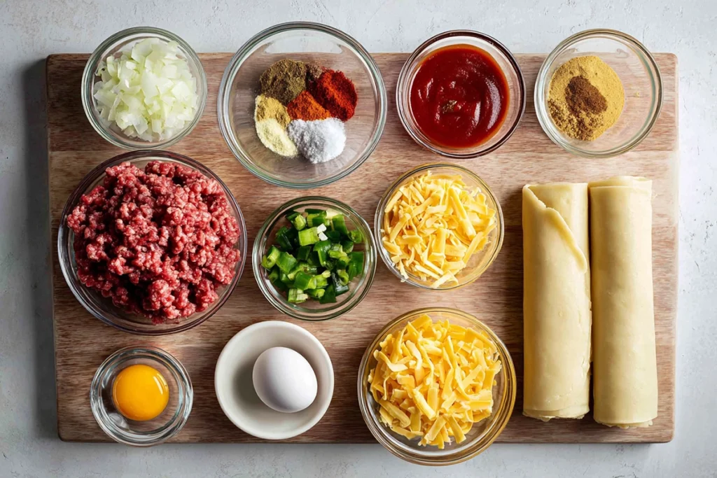 Ingredients for homemade beef cheese empanadas arranged overhead