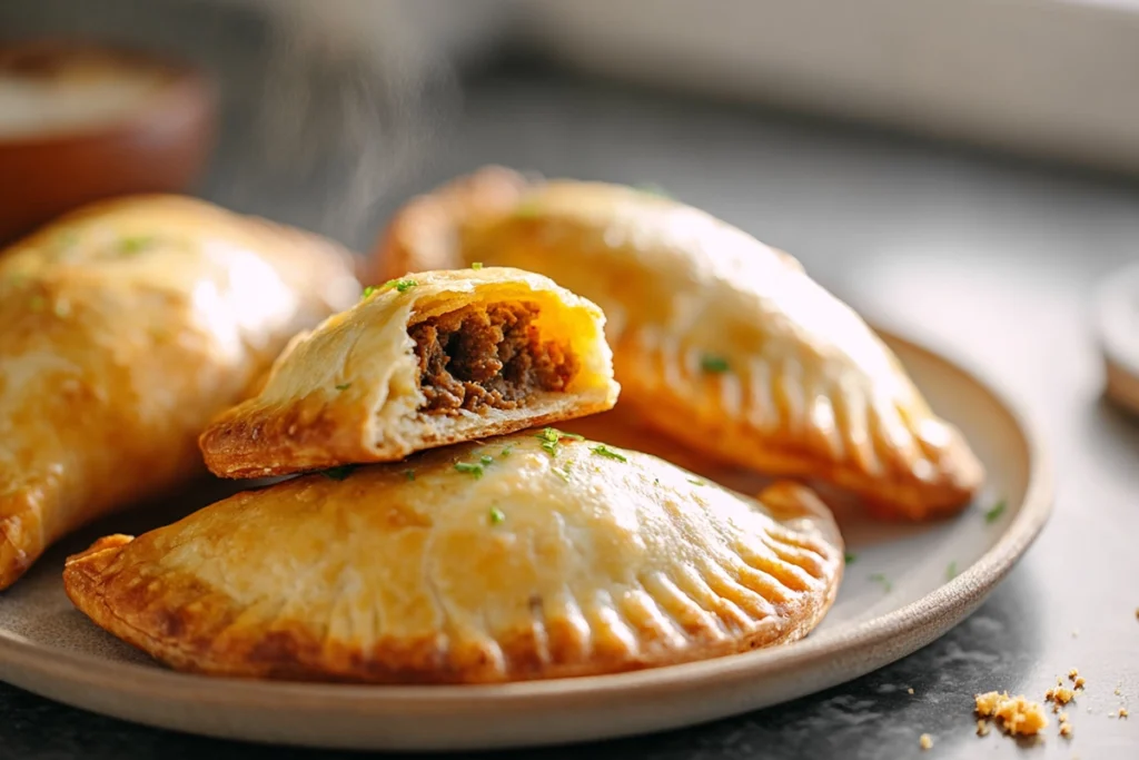 Cut open beef cheese empanadas showing melted cheese inside