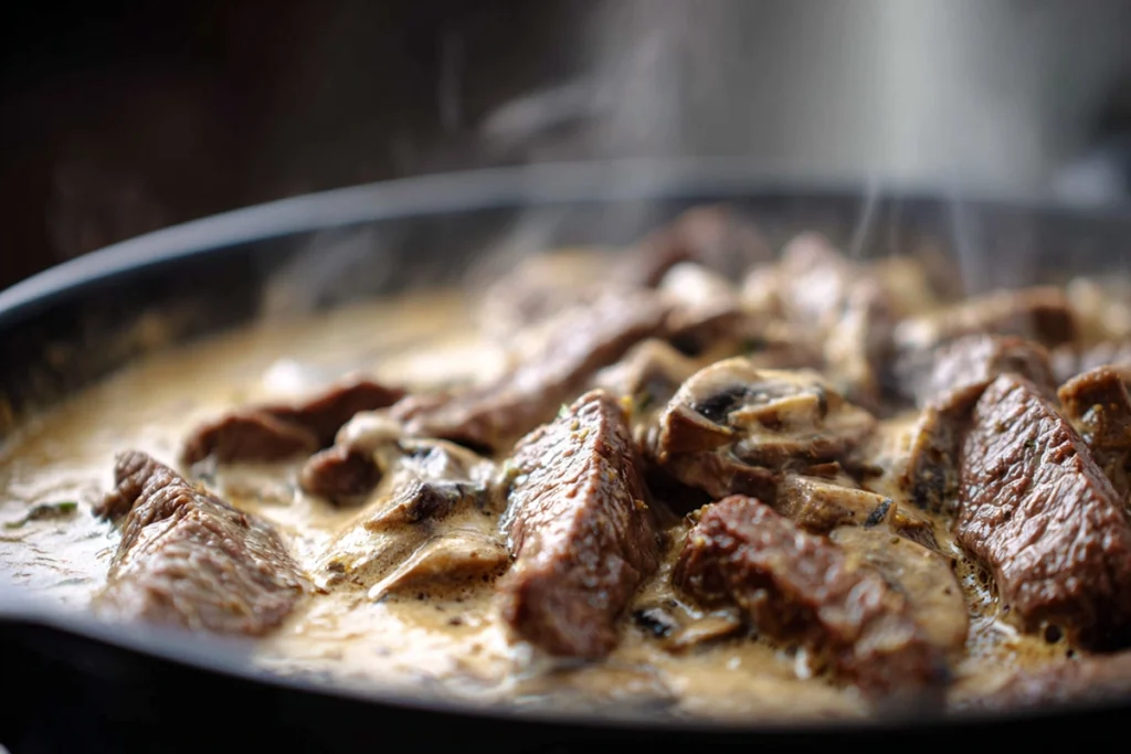 beef strips mixing with creamy mushroom sauce in skillet for beef stroganoff