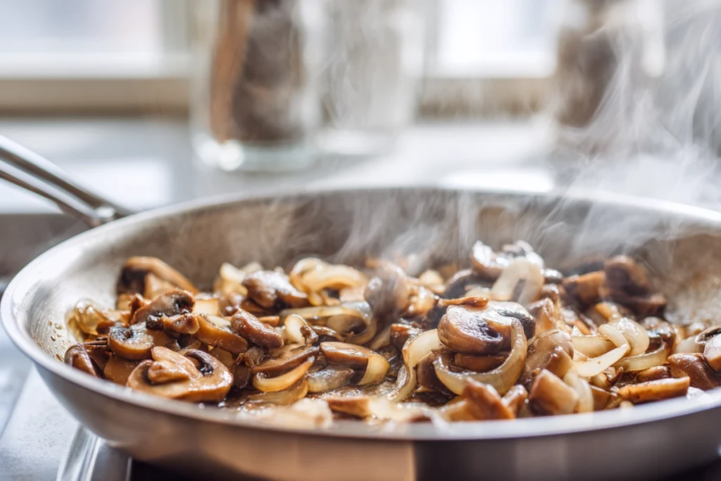 sautéed mushrooms and onions in a skillet for beef stroganoff sauce