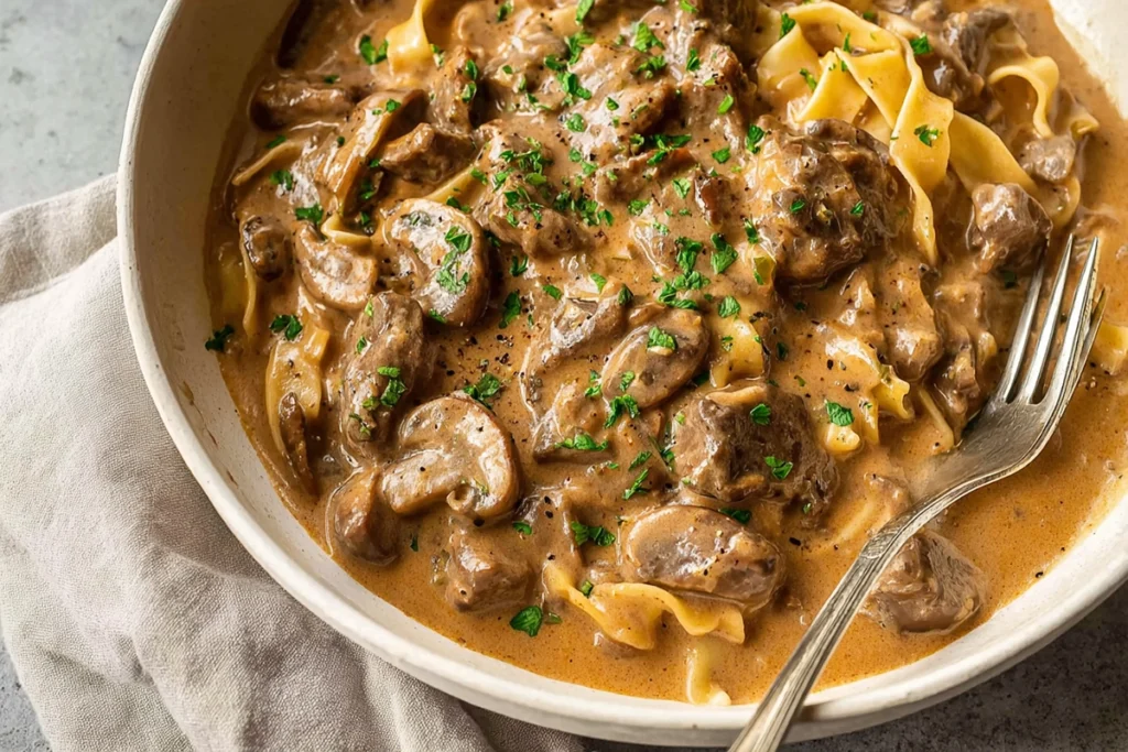 plated creamy beef stroganoff topped with parsley garnish in natural daylight