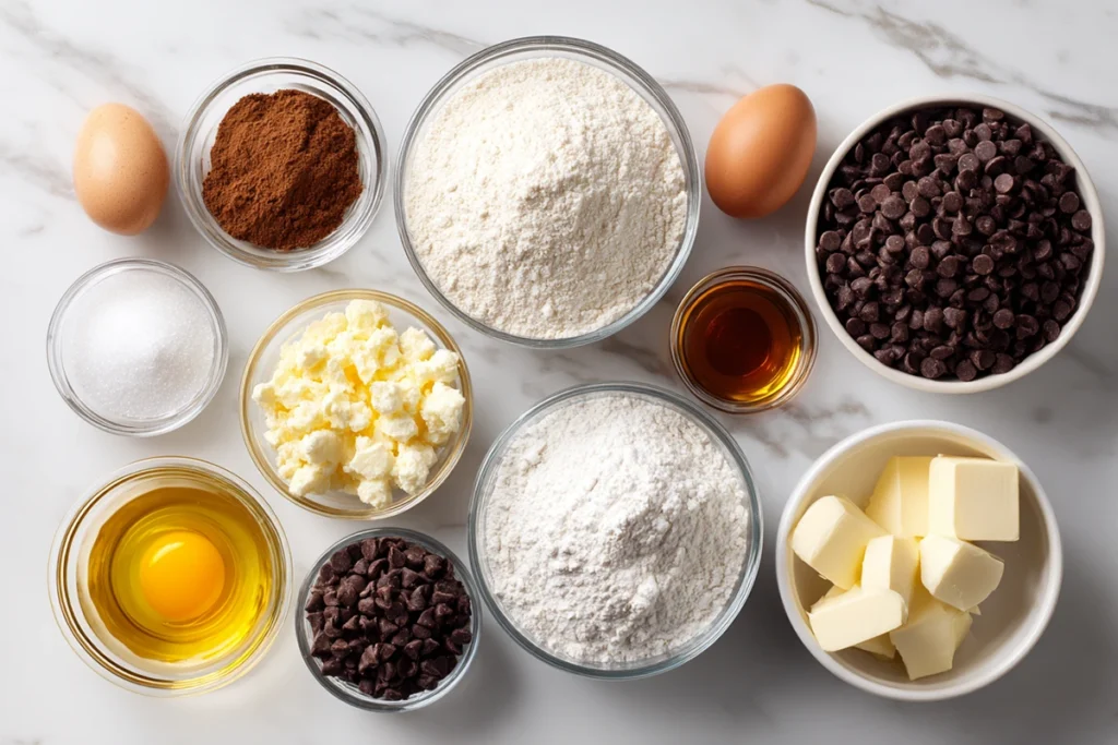 Ingredients for the best chocolate chip cookie recipe arranged on a marble counter
