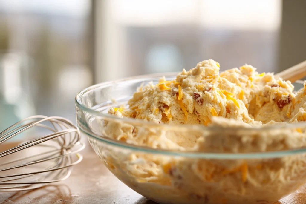 close-up of breakfast protein biscuit dough with cheese and sausage in glass bowl