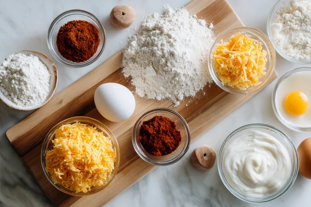 overhead view of breakfast protein biscuits ingredients in glass bowls on wooden board