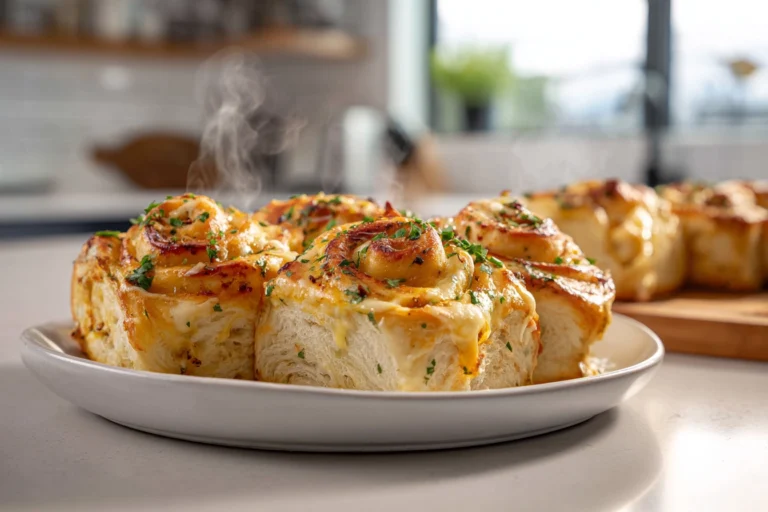 freshly baked breakfast rolls on plate in bright modern kitchen
