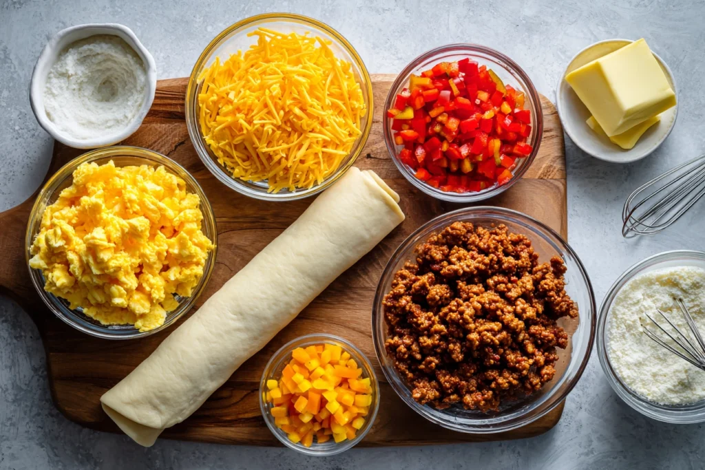 Breakfast Rolls That Make Mornings Worth Waking Up For 7 overhead shot of breakfast rolls ingredients on wooden board and glass bowls