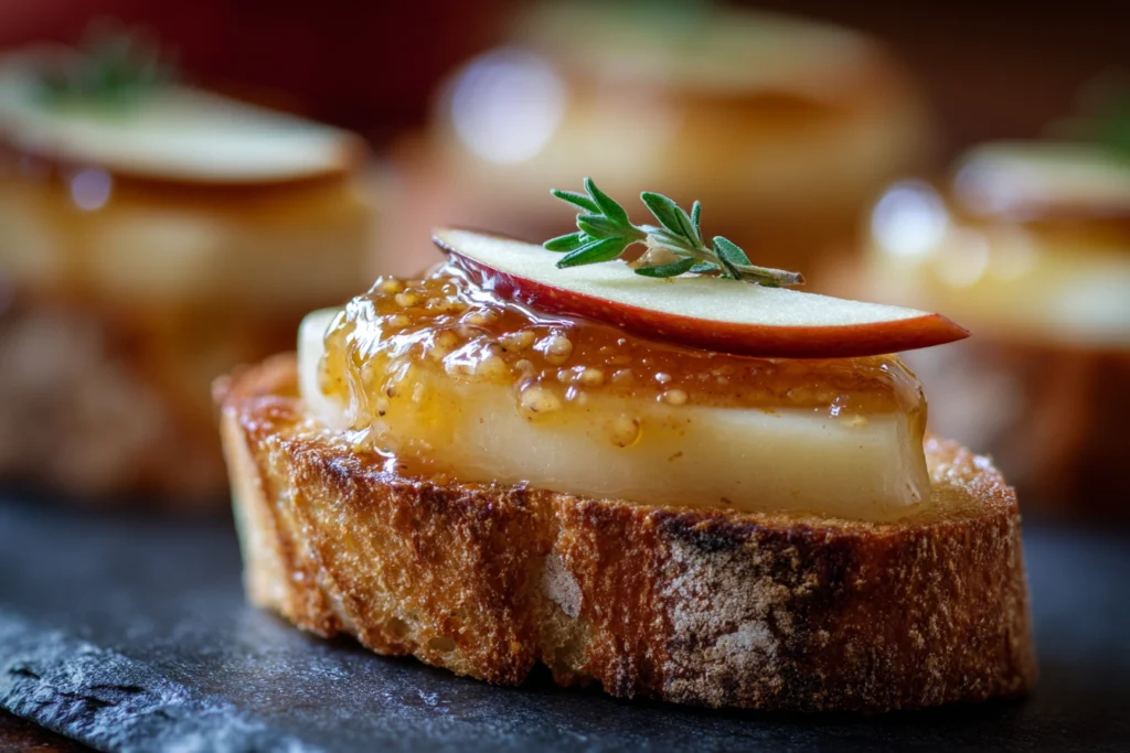Brie Apple Fig Crostini – The Sweet & Savory Bite Everyone Will Love 10 close up of brie apple fig crostini showing melted brie and fig jam texture