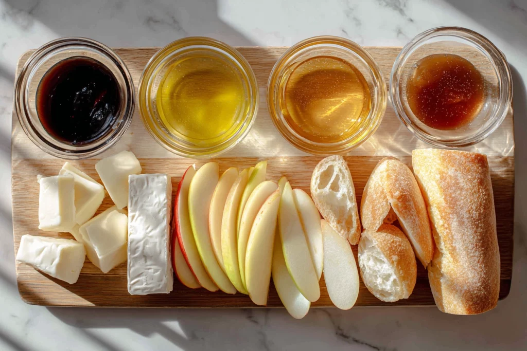 Brie Apple Fig Crostini – The Sweet & Savory Bite Everyone Will Love 8 ingredients for brie apple fig crostini arranged neatly on wooden board