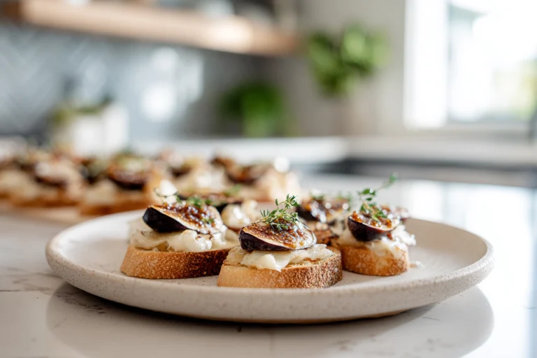 Brie Apple Fig Crostini – The Sweet & Savory Bite Everyone Will Love 12 brie apple fig crostini plated on white dish in modern kitchen