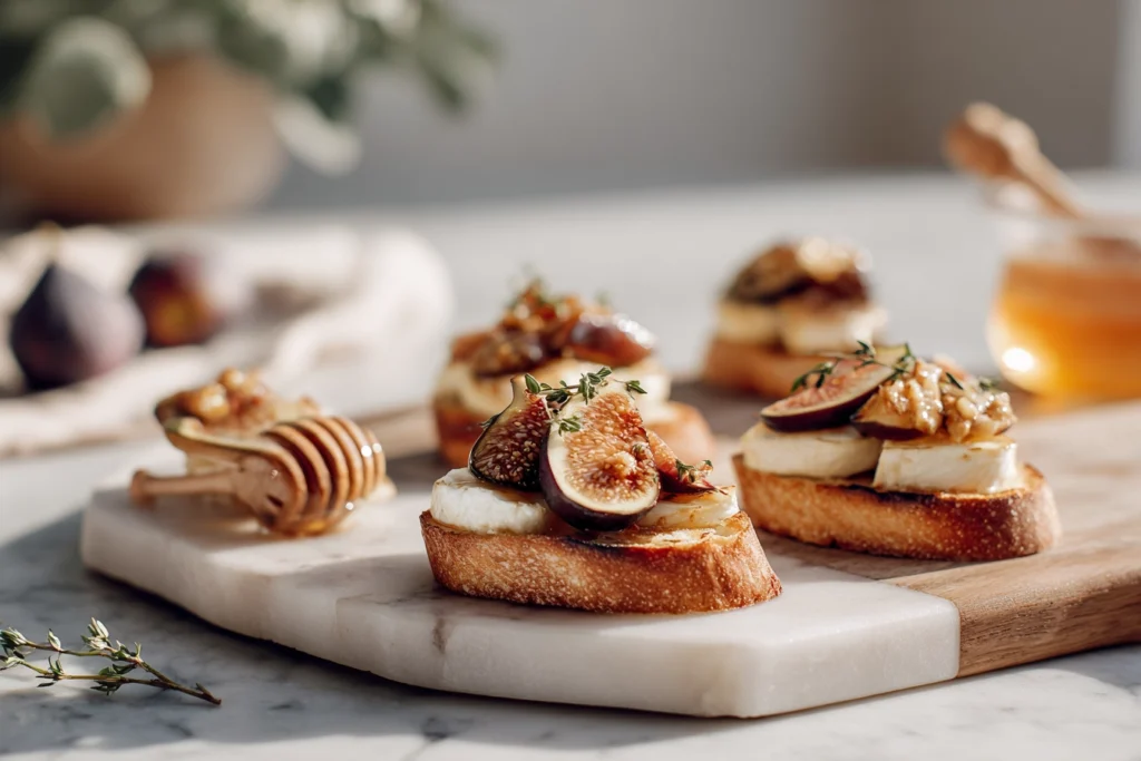 Brie Apple Fig Crostini – The Sweet & Savory Bite Everyone Will Love 11 brie apple fig crostini arranged on serving board in bright modern kitchen