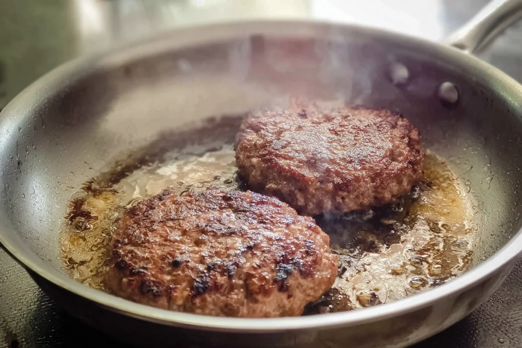 beef patties browning in a skillet for authentic loco moco