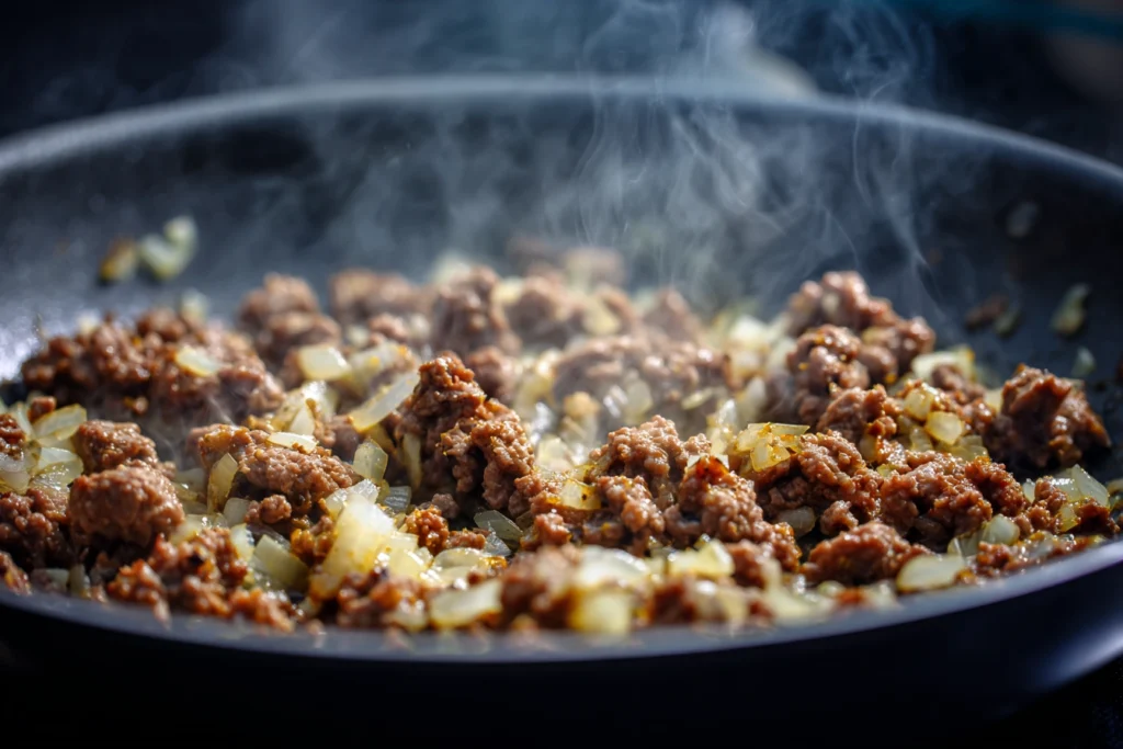 Ground beef with onions and garlic sizzling in a skillet—the flavorful start to Crockpot Cheeseburger Soup.