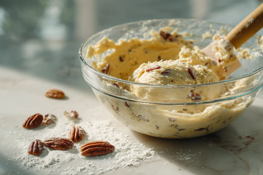 Irresistibly Soft Butter Pecan Cookies You’ll Crave All Year 9 cookie dough with chopped pecans in glass bowl during butter pecan cookie preparation