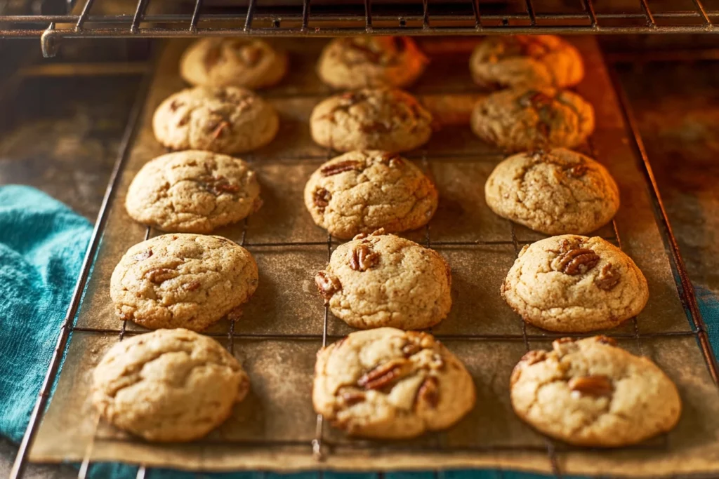 Irresistibly Soft Butter Pecan Cookies You’ll Crave All Year 10 butter pecan cookies baking on tray inside oven with golden glow