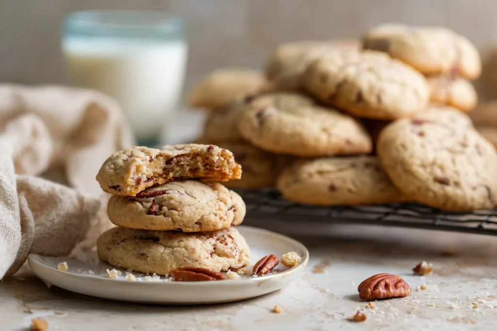 Irresistibly Soft Butter Pecan Cookies You’ll Crave All Year 11 butter pecan cookies cooling on wire rack beside glass of milk in bright kitchen