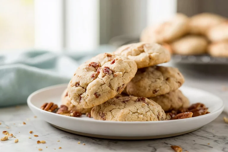 Irresistibly Soft Butter Pecan Cookies You’ll Crave All Year 15 freshly baked butter pecan cookies on white plate in modern kitchen