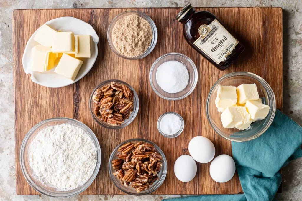 Irresistibly Soft Butter Pecan Cookies You’ll Crave All Year 8 overhead photo of butter pecan cookie ingredients arranged in glass bowls on wooden board
