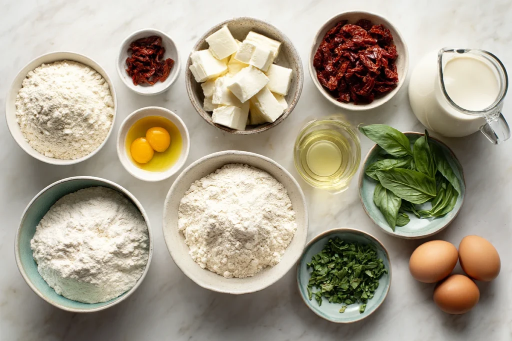 Caprese Quick Bread: Soft Crumb, Basil Aroma, and Melty Mozzarella 7 Ingredients for Caprese quick bread arranged on a marble countertop